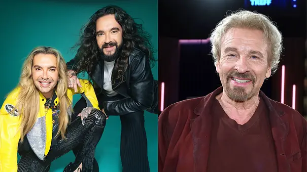 Tom und Bill Kaulitz sitzen nebeneinander auf einer roten Couch. Tom legt seinen linken Arm auf die rechte Schulter von Bill. Beide schauen in die Kamera. Rechts ist ein Bild von Thomas Gottschalk, er lächelt in die Kamera. - Foto: ZDF Rankin/Serviceplan München, IMAGO / Horst Galuschka