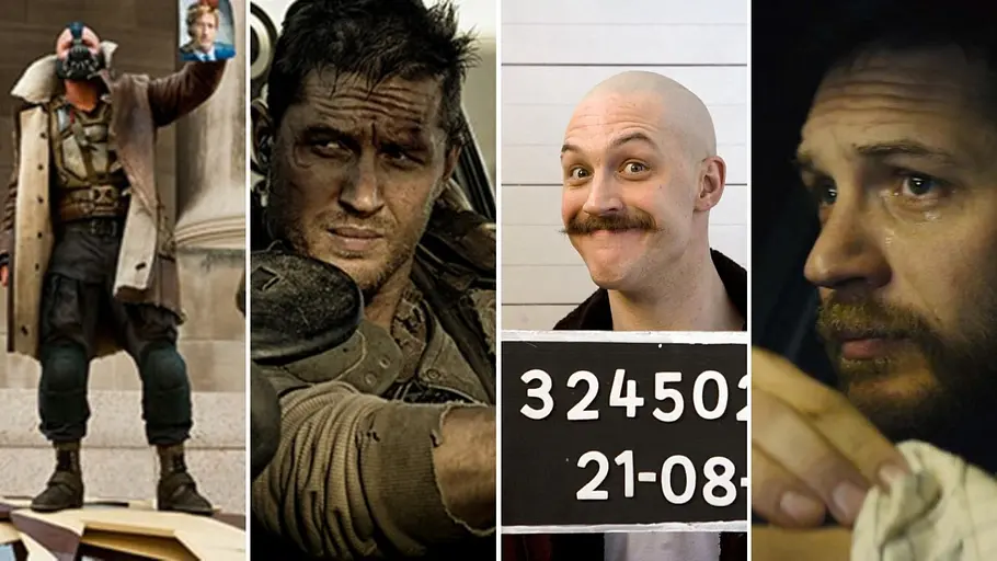 Die besten Tom Hardy Filme Eine Collage mit Tom Hardy in verschiedenen Rollen (von links nach rechts): The Dark Knight Rises, Mad Max: Fury Road, Bronson, No Turning Back.