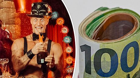 Links: Too Hot to Handle: Germany-Star Laurenz feiert, rechts: Geldscheine - Foto: Netflix und IMAGO / Bernd Leitner