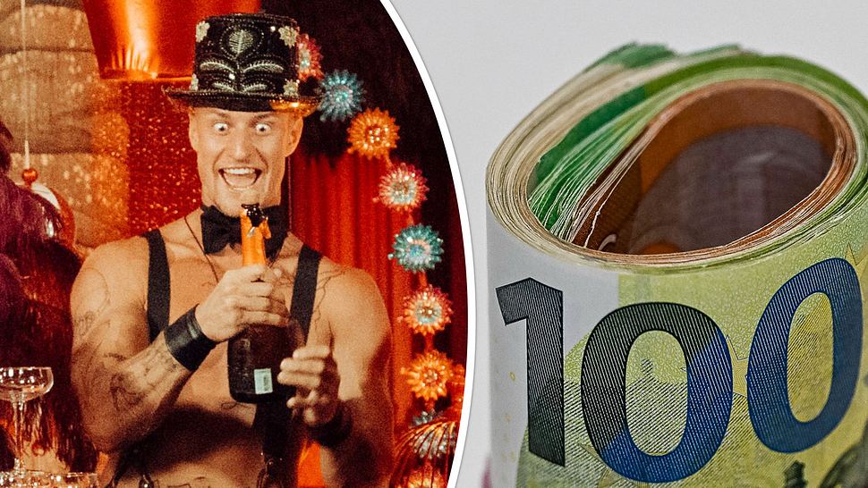 Links: Too Hot to Handle: Germany-Star Laurenz feiert, rechts: Geldscheine - Foto: Netflix und IMAGO / Bernd Leitner