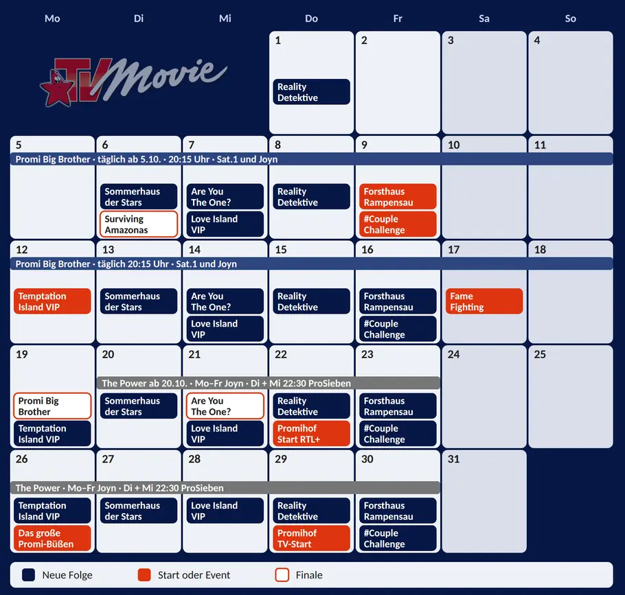 Reality-TV Formate im Oktober 2026 Ein TV-Movie-Kalender zeigt Reality-TV-Sendungen im Oktober, farblich markiert nach neuen Folgen, Starts oder Events und Finalen.