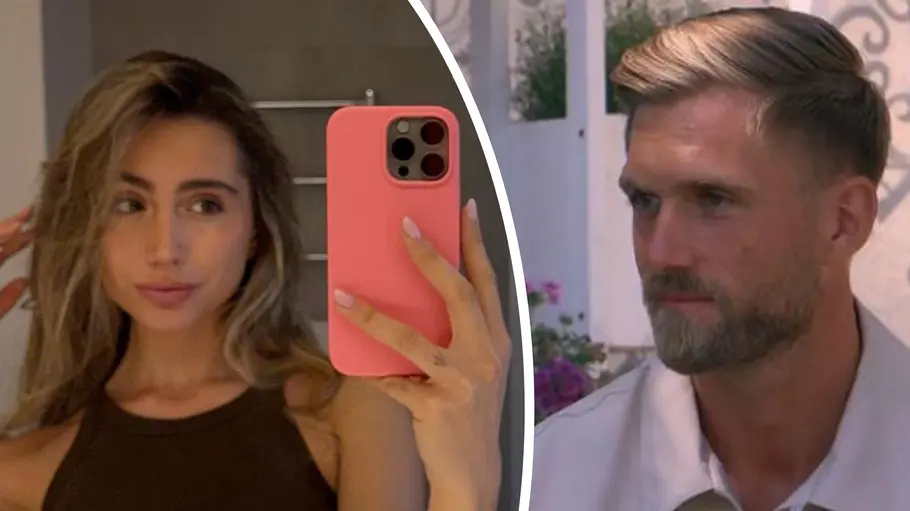 Nadja und Bachelor Sebastian Paul Collage zeigt Nadja, die mit ihrem Handy vorm Spiegel posiert und Bachelor Sebastian Paul, der ernst zu ihr hinüberblickt.