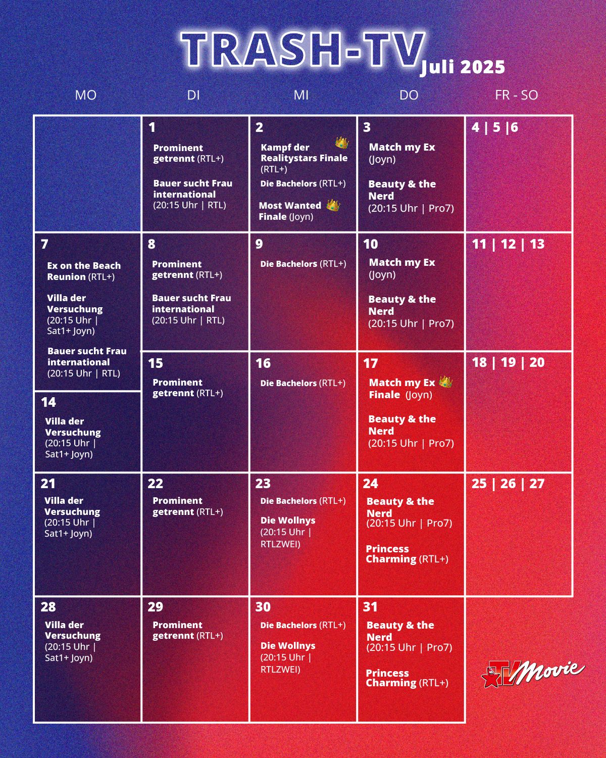 Trash-TV & Reality-TV Kalender – alle Sendetermine auf einen Blick Trash-TV & Reality-TV Kalender Juli 2025 – alle Sendetermine auf einen Blick
