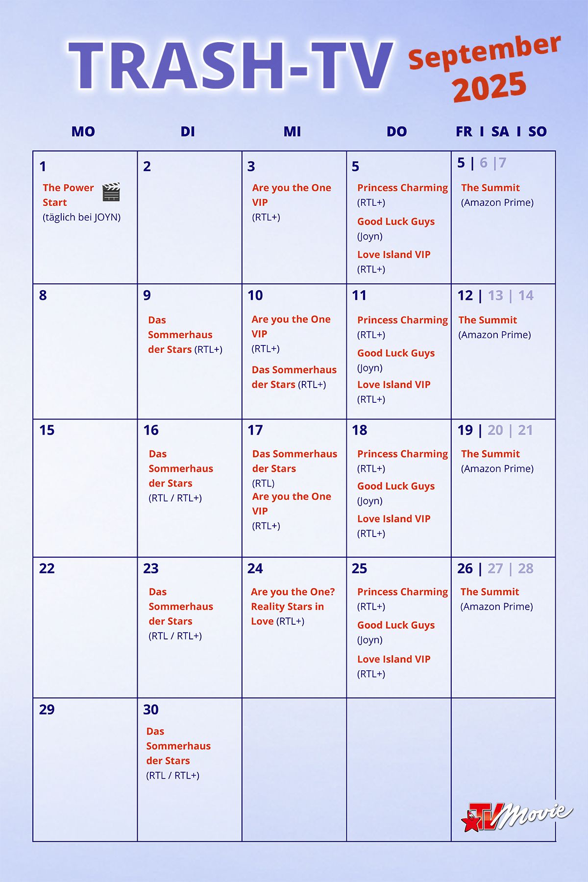 Trash TV Kalender September Trash TV Kalender für den September 2025