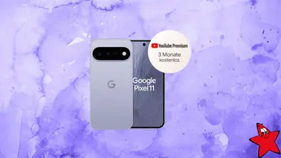 Google Pixel 11 in Frost vor lila Hintergrund mit Hinweis auf YouTube Premium für 3 Monate kostenlos. - Foto: TV Movie / Blau / Canva
