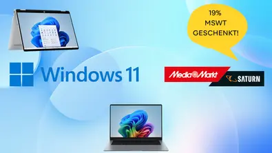 Windows 11 Logo, MediaMarkt/Saturn Logo, zwei Laptops und eine Sprechblase mit 19% Mehrwertsteuer geschenkt vor blauen Hintergrund.  - Foto: TV Movie / MediaMarkt / Canva Pro