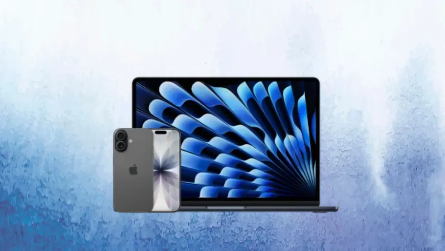 tvm-coop-o2-iphone17macbook iPhone 17 und MacBook vor blau-weißen Hintergrund in Wellenoptik.