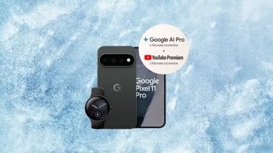 Google Pixel 11 Pro mit Pixel Watch 5 sowie Werbebutton mit Google AI Pro 6 Monate kostenlos & YouTube Premium 3 Monate kostenlos. - Foto: TV Movie / o2 / Canva