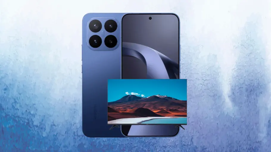 tvm-coop-vodafone-android-smartphones Xiaomi 17T Pro plus Xiaomi Fernseher vor einem blau weißen Hintergrund in Wellenoptik.