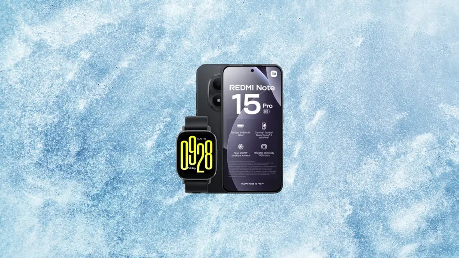 tvm-coop-xiaomiredminot15pro-blau Xiaomi Redmi Note 15 Pro und Redmi Watch 5 Active vor blau weißen Hintergrund