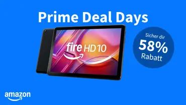 Amazon Fire HD 10 Tablet auf blauen Hintergrund mit Prime Deal Days Schriftzug - Foto: TVM / Amazon