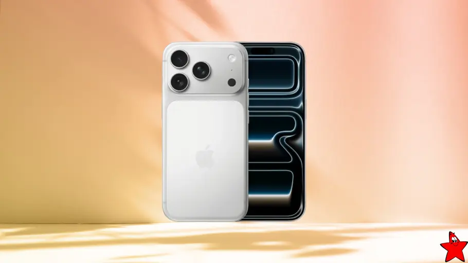 tvmovie-blau-iphone17pro iPhone 17 Pro in Silber vor orangenen Hintergrund.