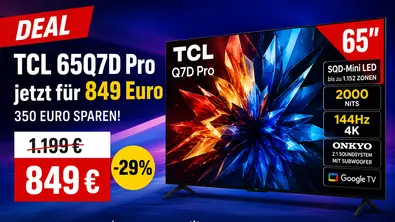 TCL 65Q7D mit Daten und Fakten zum aktuellen Spar-Deal bei Amazon. - Foto: TV Movie / ChatGPT TCL 65Q7D mit Daten und Fakten zum aktuellen Spar-Deal bei Amazon. - Foto: TV Movie / ChatGPT