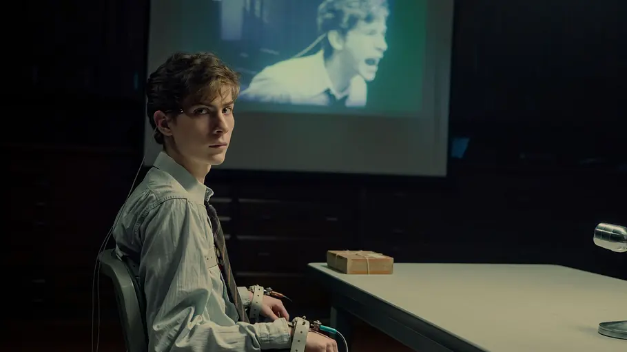 „Unabomber“ auf Netflix erzählt sowohl von Ted Kaczynskis Anfängen als auch von seiner Festnahme. Jacob Tremblay als Ted Kaczynski sitzt mit fixierten Handgelenken an einem Tisch. Hinter ihm zeigt eine Leinwand sein Gesicht.