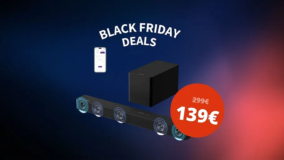 eine sundbar mit subwoofer unter einem black friday schriftzug