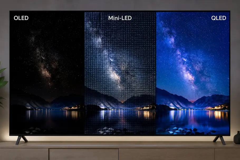 Flat-TV mit den drei Paneltechnologien OLED, QLED und Mini-LED auf einem TV-Board mit Hintergrundbeleuchtung