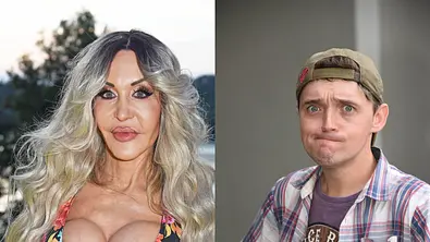 Links Dolly Buster mit langen, gewellten, blond-braunen Haaren und auffälligem Make-up in einem farbenfrohen Blumenkleid mit tiefem Ausschnitt. Rechts Paddy Kroetz mit Basecap rückwärts, kariertem Hemd und T-Shirt macht ein skeptisches Gesicht. Beide stehen vor neutralem Hintergrund beziehungsweise im Freien. - Foto: Collage: IMAGO / Gartner, IMAGO / Horst Galuschka