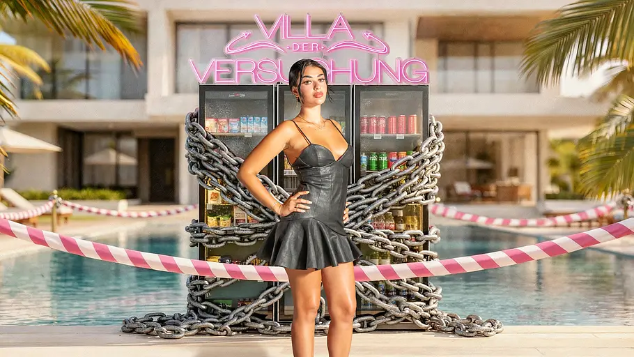 Elsa Latifaj Elsa Latifaj steht im schwarzen Lederkleid und High Heels vor einem mit Ketten gesicherten Kühlschrank am Pool einer Luxusvilla; über ihr leuchtet der Schriftzug „Villa der Versuchung“.