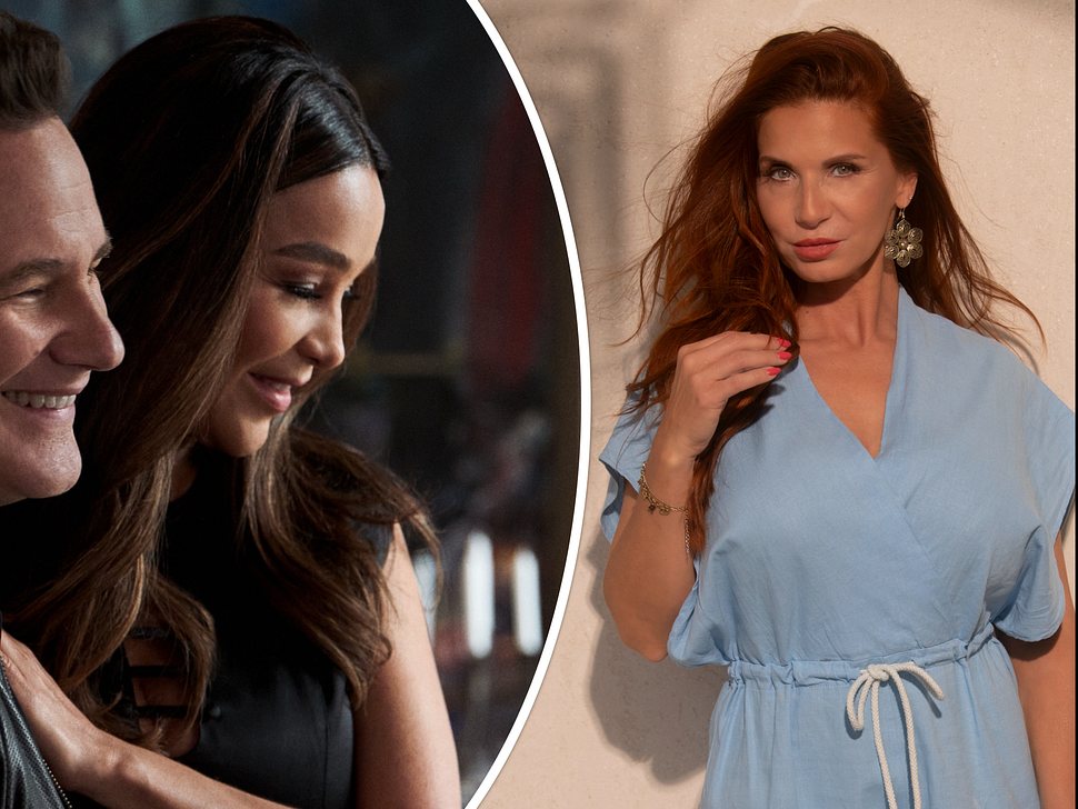 Collage! Links: Verona Pooth schaut verlegen lächelnd zu Boden, rechts: Bettie Ballhaus posiert in blauem Kleid - Foto: Studio Pickfotografie / Jasmin Berger fuer Stephan Pick / Magenta TV und Joyn