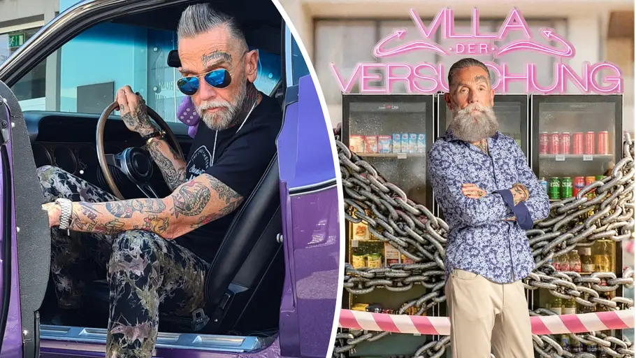Roland Ludomirska pleite Roland Ludomirska posiert links in einer Luxuskarre, rechts steht er vor dem abgeschlossenen Kühlschrank von Villa der Versuchung.