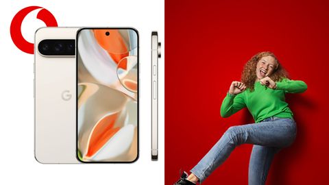 Ein junges Mädchen mit grünem Pullover tanzt vor Freude, daneben sieht man zwei Produktbilder des Google Pixel 9 Pro XL. - Foto: Vodafone/ PR