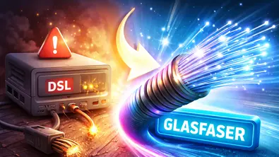 Illustration zeigt den Übergang von DSL zu Glasfaser: Alte Kupfertechnik weicht moderner Netzinfrastruktur. - Foto: TVM/ChatGPT
