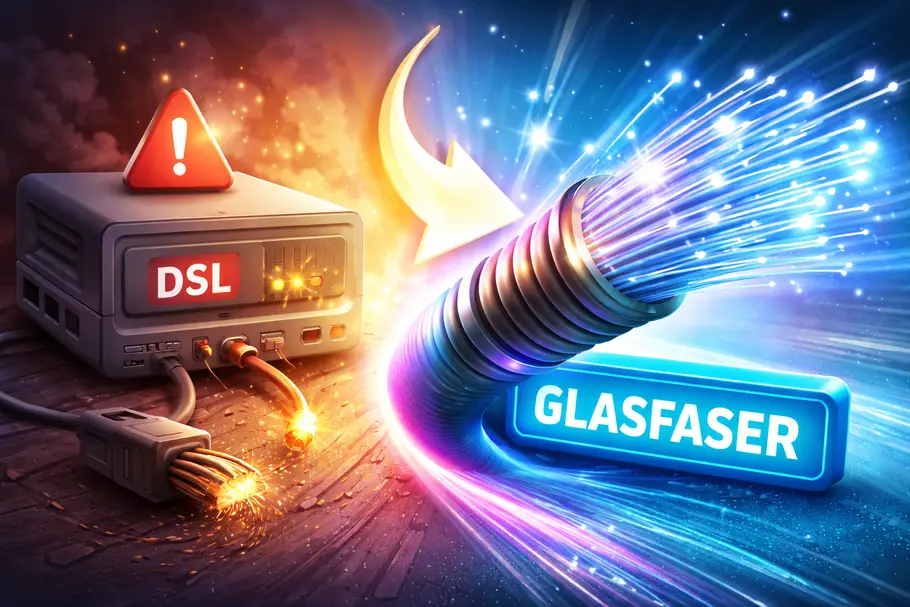 DSL Abschaltung Illustration zeigt den Übergang von DSL zu Glasfaser: Alte Kupfertechnik weicht moderner Netzinfrastruktur.