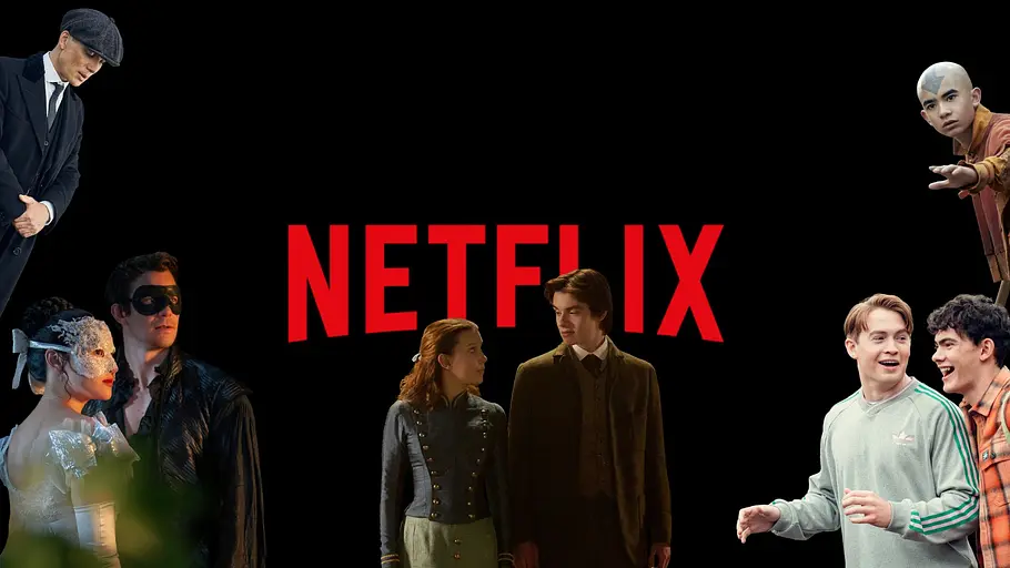 Eine Collage der Netflix-Starts mit Tommy Shelby, Benedict und Sophie, Enola und Tewkesbury, Nick und Charlie und Aang
