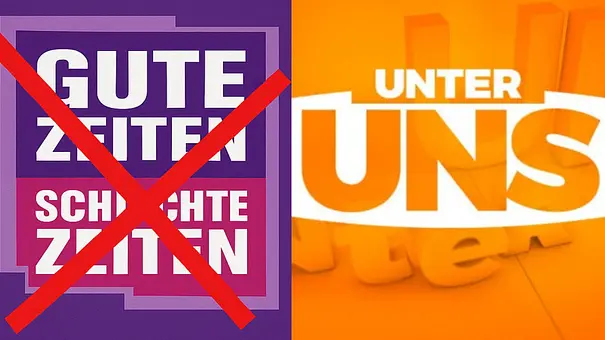 College: Links ein durchgestrichenes GZSZ-Logo, rechts das Unter Uns-Logo - Foto: RTL College: Links ein durchgestrichenes GZSZ-Logo, rechts das Unter Uns-Logo - Foto: RTL