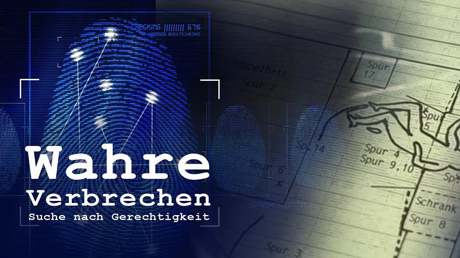 Wahre Verbrechen ZDF Der Schriftzug „Wahre Verbrechen – Suche nach Gerechtigkeit“ steht vor blauen Fingerabdrücken und einer Tatortskizze.