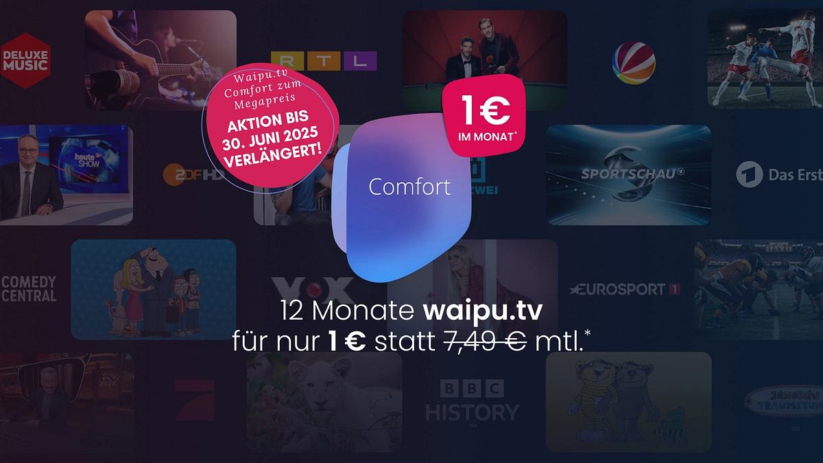 Waipu.tv Comfort für nur 1 Euro sichern Logo des Pakets Waipu.tv Comfort. Text bewirbt das Paket für einen Euro monatlich in der ersten 12 Monaten. Aktion gilt bis 22. Juni 2025.