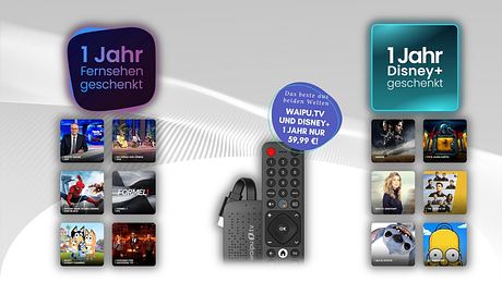 Waipu.tv 4K Stick im Vordergrund, linke eine Auswahl an TV-Shows in der Übersicht, rechts aktuelle Highlights von Disney+. - Foto: © EXARING AG