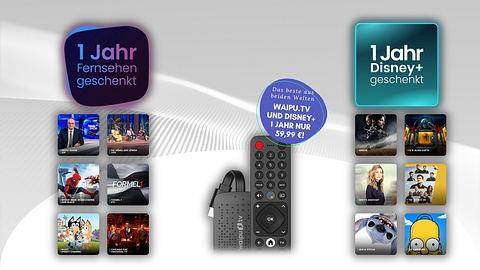 Waipu.tv 4K Stick im Vordergrund, linke eine Auswahl an TV-Shows in der Übersicht, rechts aktuelle Highlights von Disney+. - Foto: © EXARING AG
