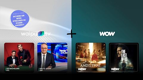 Waipu.tv (links) und WOW (rechts) bilden ein Team: zu sehen sind Poster der Shows Die Bacherlors, Heute-Show, And Just Like That sowie The Last Of Us. - Foto: TVMovie / PR