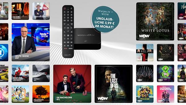 Links sind kacheln mit TV-Serien und Shows zu sehen, rechts Kacheln mit WOW-exklusiven Serien. Die Waipu.tv-Box ist in der Mitte. - Foto: TVMovie / PR