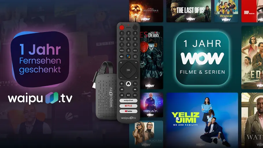 waipu.tv und WOW starten im Dezember in die Weihnachtsaktion Das Angebotsartwork zeigt das waipu Logo und auf der anderen Seite WOW mit Serien-Highlights