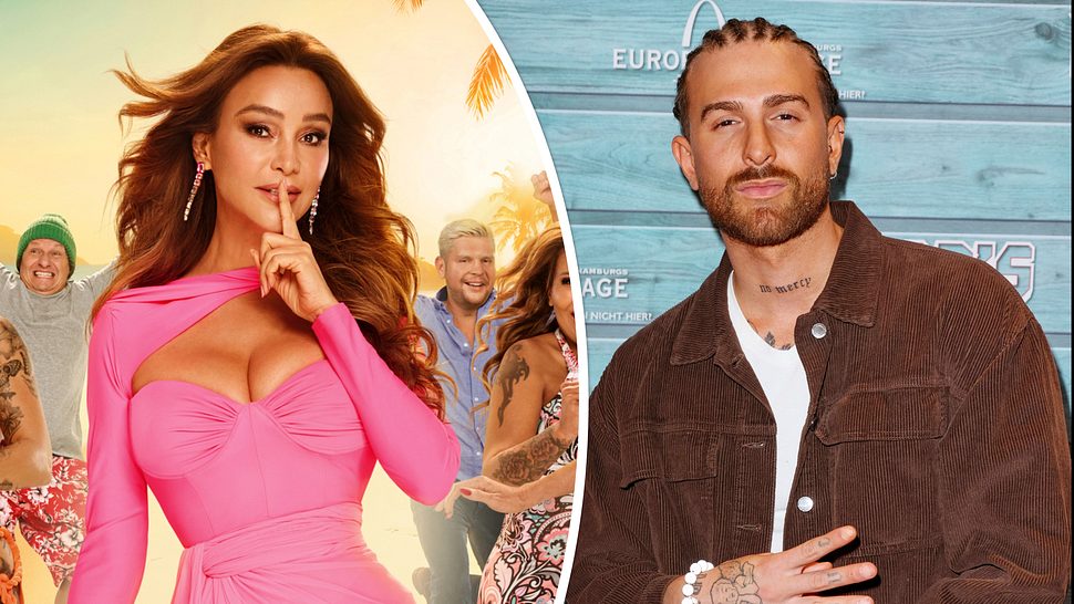 Verona Pooth legt sich auf dem Poster zu „Villa der Versuchung“ den Finger auf den Mund, rechts posiert Gigi in brauner Kordjacke - Foto: Joyn und IMAGO / Future Image