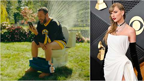 Links im Bild: Happy Gilmore sitzt amüsiert auf einer Garten-Toilette und hält sein Handy in der Hand. Rechts im Bild: Raylor Swift posiert auf dem roten Teppich der Grammy-Verleihung. - Foto: IMAGO / Cover-Images / Netflix