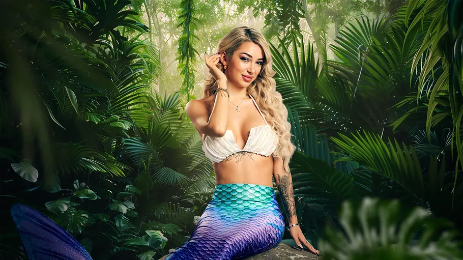 Ariel mit langen, blonden Haaren trägt ein Meerjungfrauenkostüm mit einem schuppenartigen, blau-lila Fischschwanz und einem weißen Bikini-Oberteil. Sie sitzt auf einem Felsen im dichten, grünen Dschungel und lächelt leicht in die Kamera.