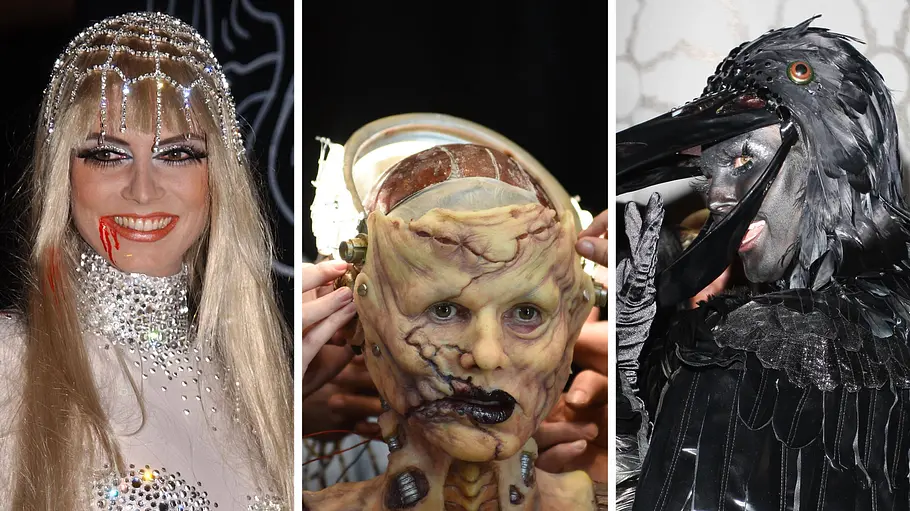 Heidi Klum: Alle Halloweenkostüme Halloween-Kostüme: Drei Porträts zeigen Heidi Klum mit Strassschmuck und Blut am Mund, in einer Monstermaske und in einem schwarzen Vogelkostüm.
