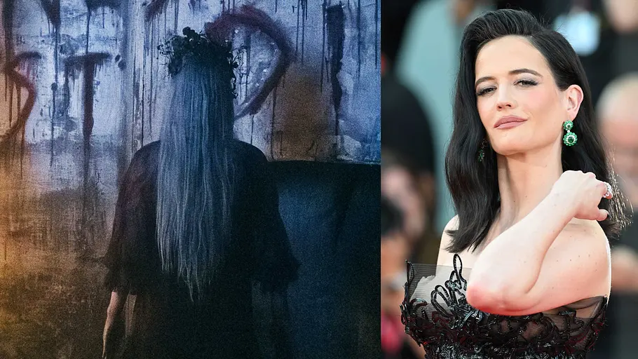 „Wednesday“ Staffel 3 Collage zeigt Tante Ophelia in Wednesday und die Schauspielerin Eva Green auf dem Roten Teppich.