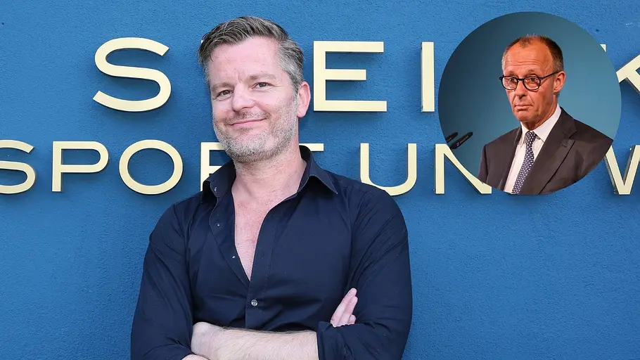 AWZ André Dietz Eine Collage zeigt André Dietz lächelnd vor dem Steinkampf Sportzentrum. Recht neben ihm ist ein Kreis mit einem überraschten Friedrich Merz.
