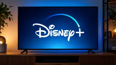 Ein Fernseher auf einem Holzschrank zeigt das Disney+-Logo. Pflanzen und Lampen rahmen ihn bei blauem und warmem Licht ein. - Foto: Disney+/KI-Generiert