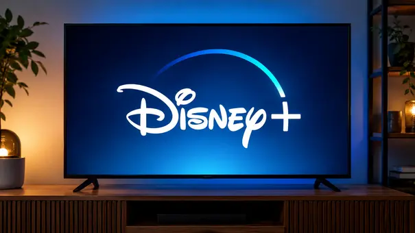 Ein Fernseher auf einem Holzschrank zeigt das Disney+-Logo. Pflanzen und Lampen rahmen ihn bei blauem und warmem Licht ein. - Foto: Disney+/KI-Generiert