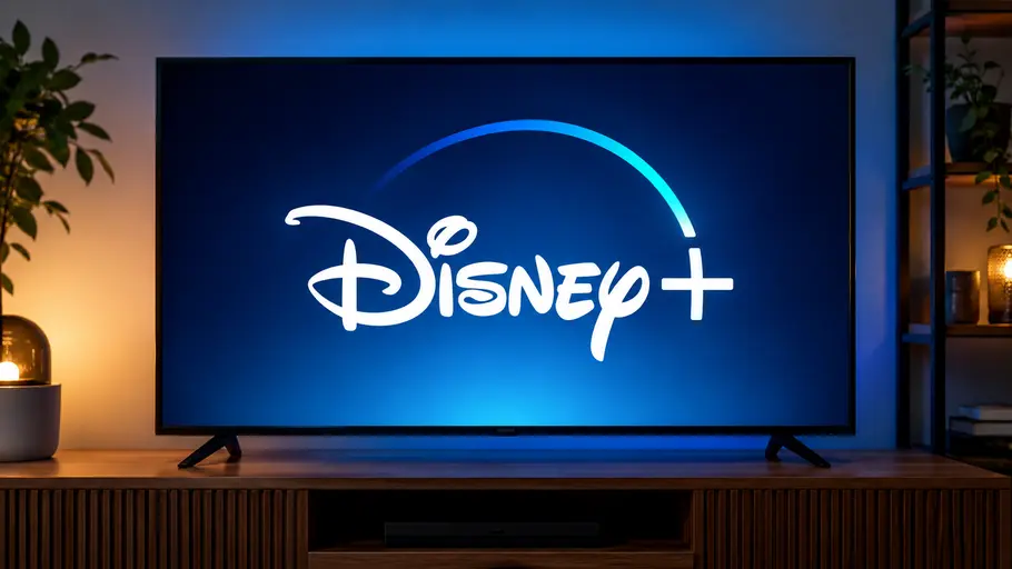 Wer ein Premium-Abo von Disney+ besitzt, zahlt seit einigen Monaten zu viel. Ein Fernseher auf einem Holzschrank zeigt das Disney+-Logo. Pflanzen und Lampen rahmen ihn bei blauem und warmem Licht ein.