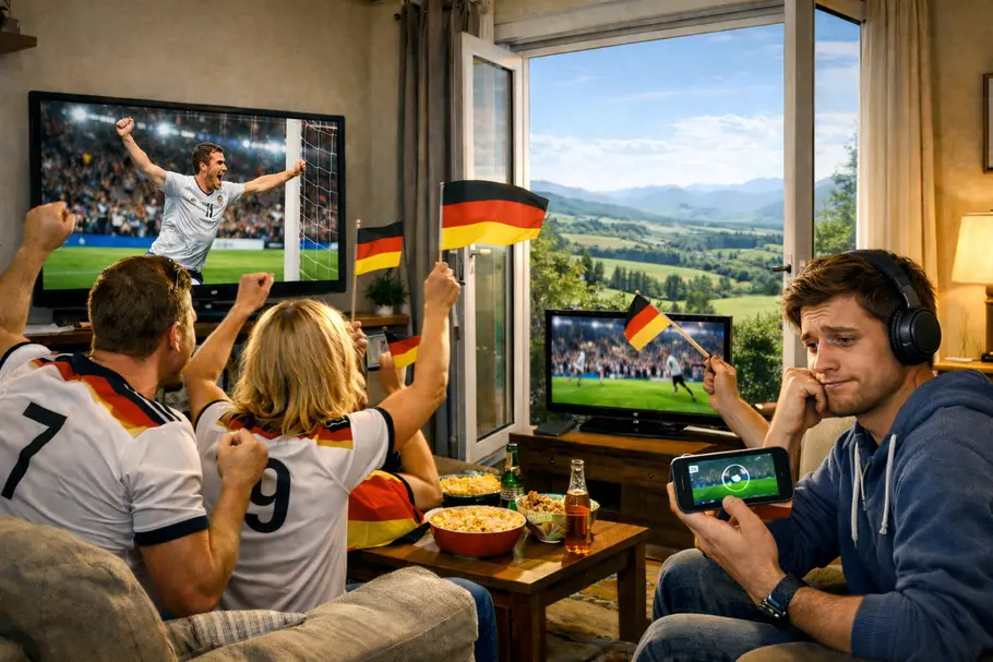 Wer jubelt zuerst? Eine Gruppe von Fußballfans im Wohnzimmer jubelt ausgelassen vor einem großen Fernseher an der Wand, auf dem gerade ein Tor fällt. Sie tragen Trikots und schwenken Fahnen. Daneben sitzt ein Mann mit Kopfhörern und Smartphone, dessen Stream noch lädt – sichtbar enttäuscht, weil er das Tor verpasst hat. Durch die offene Balkontür sieht man eine ruhige Landschaft, die im Kontrast zur Stimmung im Raum steht.