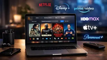 Laptop mit Streaming-Ratgeber-Tool auf dem Bildschirm, das Filme und Serien nach Genre und Streamingdienst wie Netflix, Disney+, Prime Video, HBO Max, Apple TV+ und Paramount+ filtert, in moderner Schreibtischumgebung. - Foto: Bauer Media Group (mit Hilfe von KI erstellt) Laptop mit Streaming-Ratgeber-Tool auf dem Bildschirm, das Filme und Serien nach Genre und Streamingdienst wie Netflix, Disney+, Prime Video, HBO Max, Apple TV+ und Paramount+ filtert, in moderner Schreibtischumgebung. - Foto: Bauer Media Group (mit Hilfe von KI erstellt)