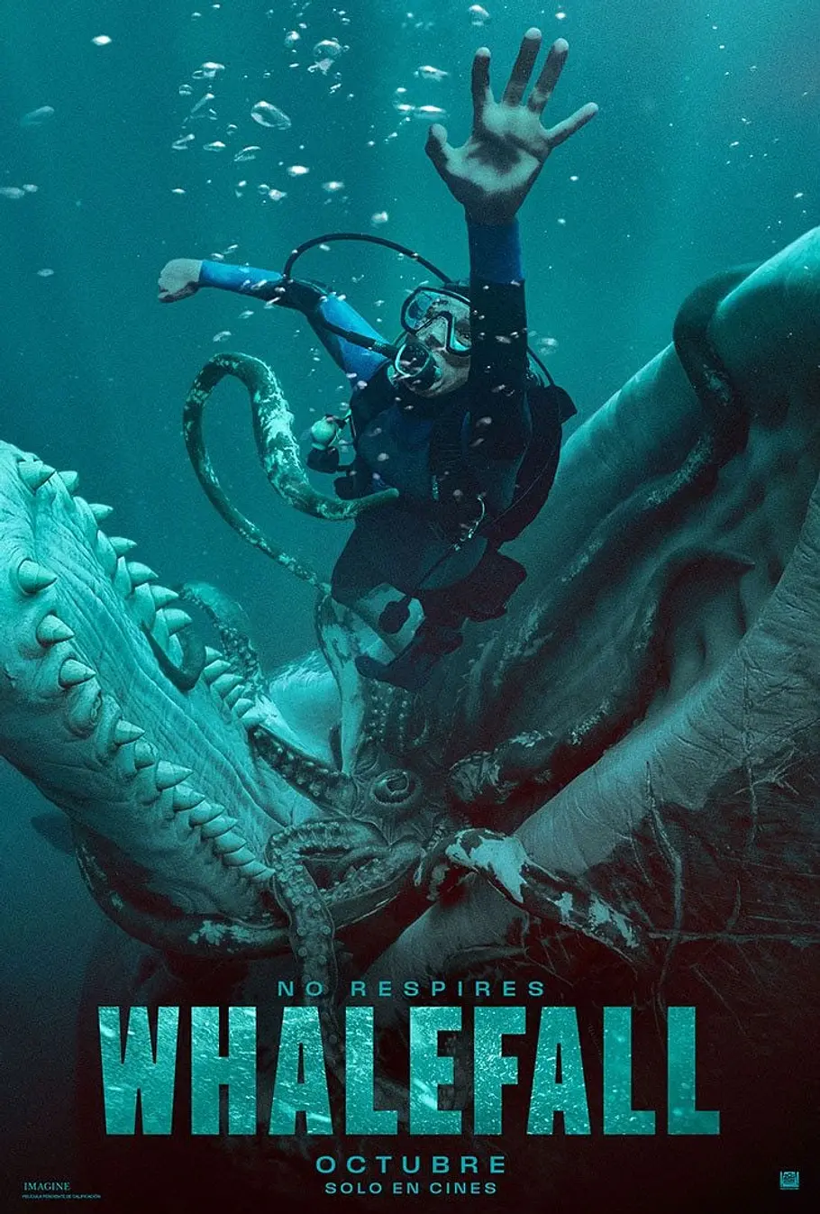 Das Whalefall-Poster zeigt das aufgerissene Maul eines Wals, während er einen Tintenfisch und einen Taucher verschluckt. 
