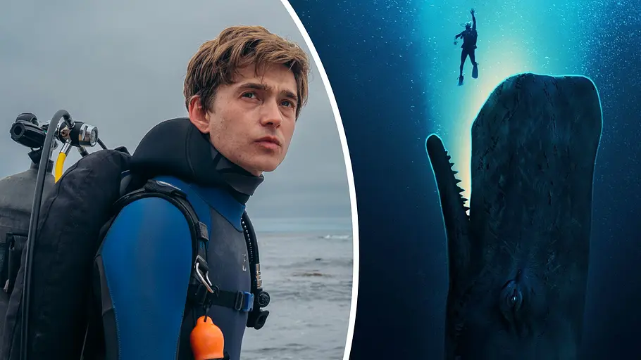 „Whalefall“-Trailer 2 Austin Abrams als Whalefall-Hauptfigur Jay mit Tauscher-Ausrüstung am Strand, rechts das Filmposter mit einem Wal, der einen Taucher zu verschlucken droht.