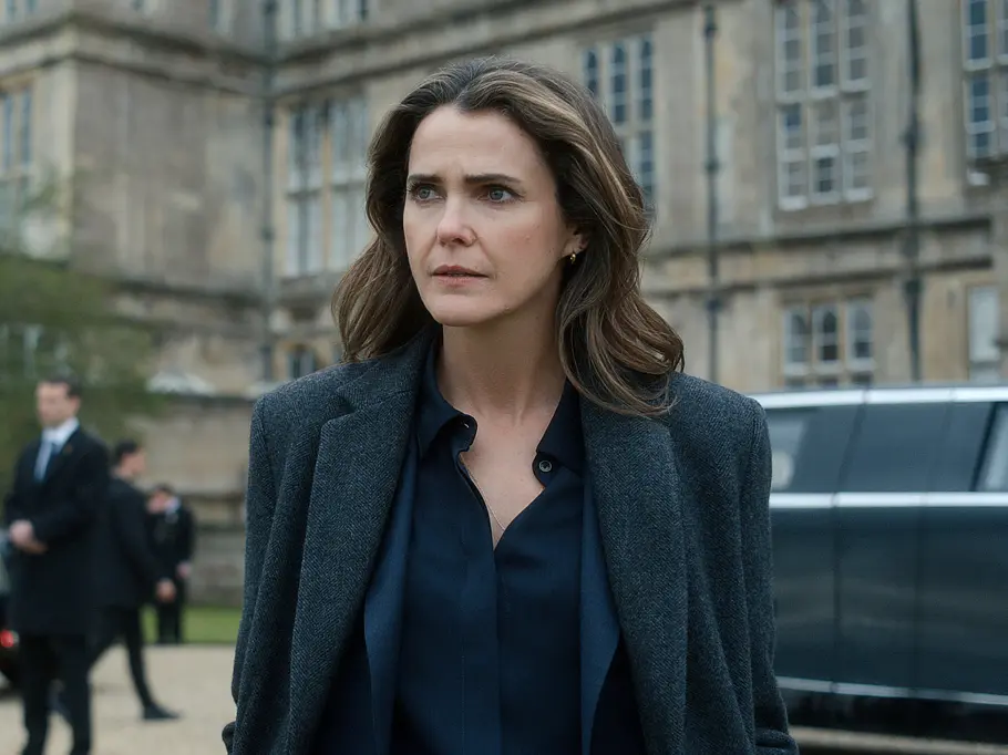 Wie geht es für Kate nach diesem gewagten Schritt in Staffel 5 weiter? Keri Russell als Kate Wyler steht in dunklem Mantel vor einem Steingebäude. Hinter ihr stehen Autos und mehrere Personen.